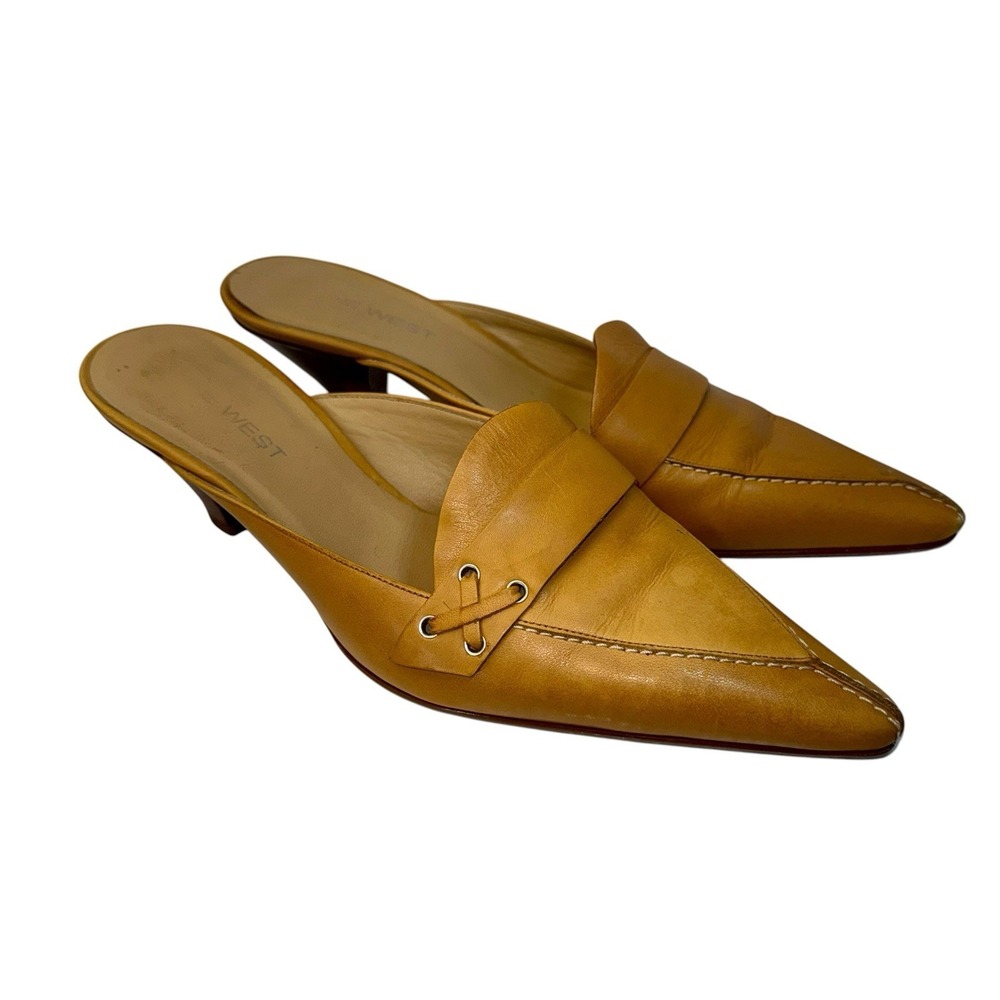 Nine West Lissie Pointed Toe Kitten Heel Mule Women's Amber Calf Leather Sz 7M